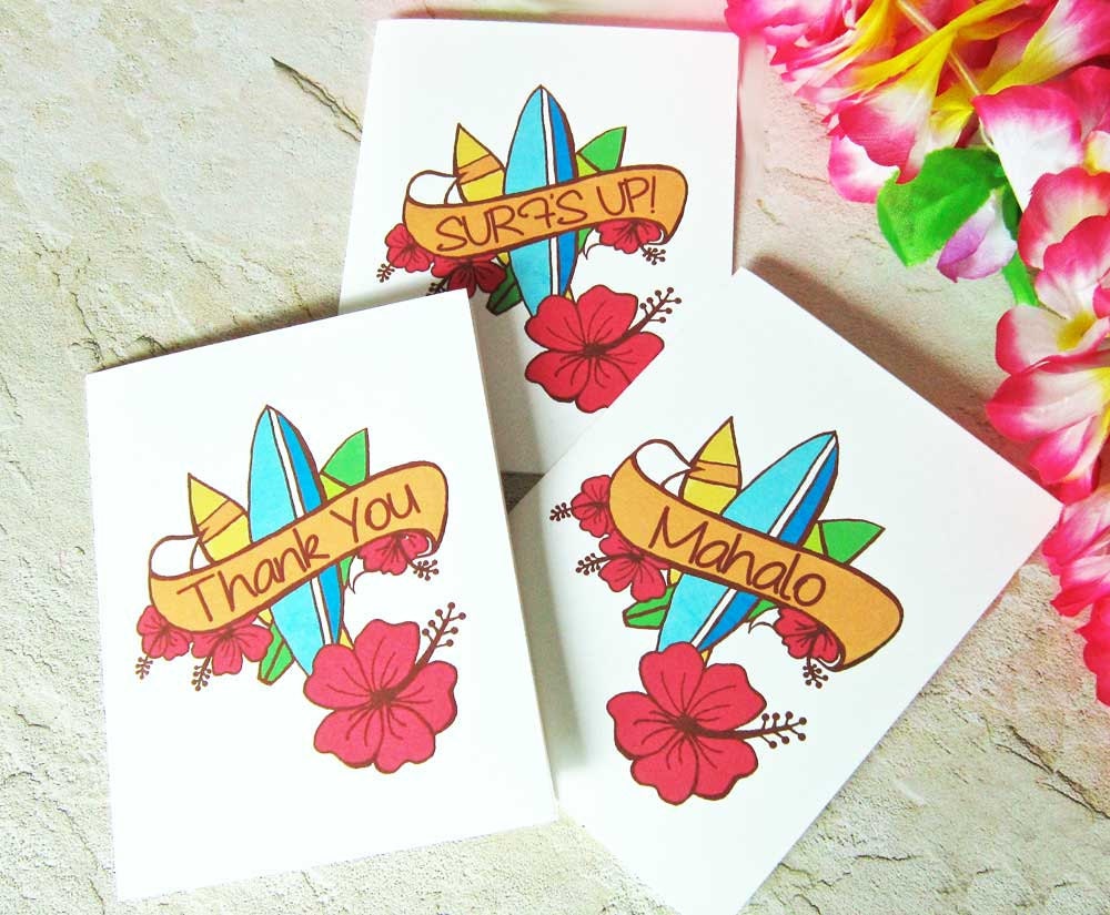 Mahalo Note Cards Hawaiian Surf Board and Hibiscus Choose | Etsy