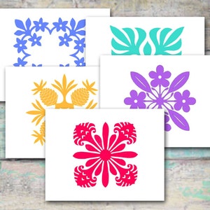 May include: Five different Hawaiian quilt block designs in various colors. The designs include a pineapple, a flower, a hibiscus, a leaf, and a wreath. The designs are printed on white paper.