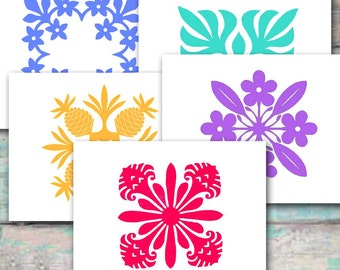 Hawaiian Quilting Note Cards II, Torch Ginger, Plumeria, Pineapple, Palm, Blank Cards, Set of Ten, Tropical, Red Blue Gold Teal Lavender