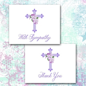 Cross Note Cards, Sympathy or Thank You, Condolence Thank You, Lavender Green, Lilies, Fleur de Lis, Matching DIY Cross Invitation