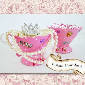 Teacup Party Favor, Fancy Nancy, Tiaras, Jewels, Child Birthday, DIY Party Printable, Instant Download Pattern, Tea Party, Cupcake Holder