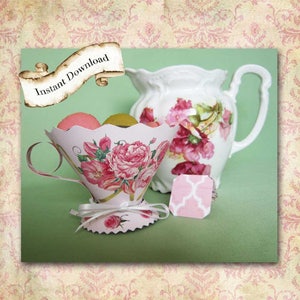 Victorian Rose Teacup Party Favor, Pink, Vintage Roses, Gold Ribbons, Birthday, Bridal Shower, Anniversary, DIY Template and Instructions