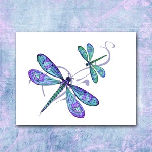 Dragonfly Note Cards, Monogram, Watercolor Dragonfly Cards, Purple, Aqua, Blue, Damselfly, Set of Ten, Blank Inside, Dragonfly Stationery image 2