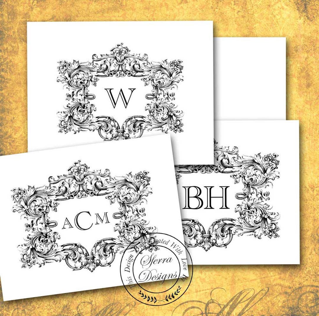 Blank Rococo Card Monogram Note Cards, Ornate Rococo Frame, Personalized Custom ...