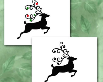 Reindeer Christmas Cards, Deer Silhouette, Red and Green Xmas Balls/Made to Order/Choose Your Saying Merry Xmas/Seasons Greetings/Set of Ten