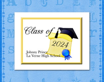 Graduation Note Cards, Class of 2024, Diploma and Hat In A Golden Colored Frame, Graduation Stationery, Customize With Name or School