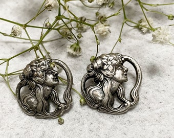 Art Nouveau Buttons, Set Of Two, Lady With Flower In Long Flowing Hair, Inspired By Mucha, Sewing, Closure, Fastener