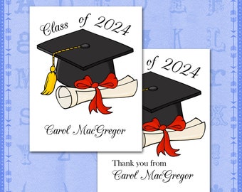 Graduation Thank You Note Cards, Personalized with Name, Class of 2024, Cap and Diploma/Set of Ten/Blank Inside/Party Invitation/Mortarboard