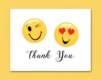 Emoji Thank You Note Cards, Winking Emoji and Emoji With Heart Eyes, Set of Ten, Blank Inside