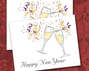 New Year's Cards, Happy New Year, 2017 Champagne Bubbly, Sparkling Wine, Spumante, Symbol of Luxury, Confetti, Streamers, Glitter Accent