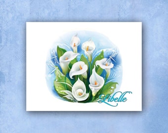 Calla Lily And Dragonfly Note Cards, Set of Ten, Blank Inside, Personalized