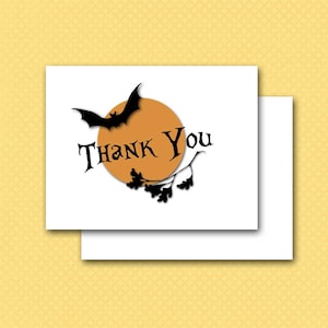 Halloween Thank You Note Cards, All Hallows Eve, Autumn, Full Moon. Flying Bat and Oak Leaves, Set of Ten, Blank, Matching DIY Invitation