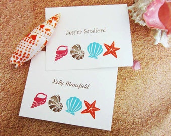 Shell Note Cards, Personalized Beach Note Cards, Monogrammed/Beach Wedding/Engagement/Shells and Starfish/Coral, Aqua/Set of 10, Blank Cards