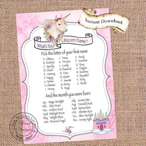 Gra w imiona jednorożców, DIY do wydrukowania do natychmiastowego pobrania, urodziny dziecka, gra imprezowa, jakie jest imię twojego jednorożca, zaproszenie, etykieta z upominkami, kartki z notatkami