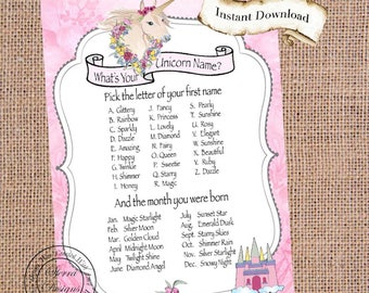 Unicorn Name Game, DIY Printable Instant Download, Child Birthday, Party Game, What's Your Unicorn Name, Invitation, Favor Tag, Note Cards