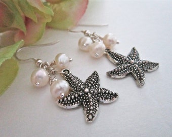 Starfish and Pearl Drop Earrings, Sea Stars, Tropical, Destination Wedding, Beach Wedding, Matching Necklace, Bridal, Shower