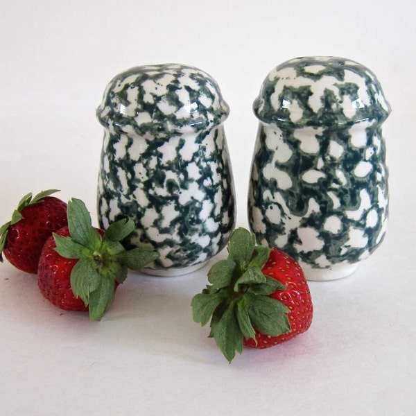 Spongeware Salt and Pepper Shakers, Vintage China Collectible, Forest Green and White, Original Corks, Mid Century, Shabby Chic/Country Chic