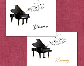 Grand Piano Musical Note Cards, Personalized, Custom Monogram, Piano, Band, Symphony, Orchestra, Musician, Music Teacher, Blank Inside