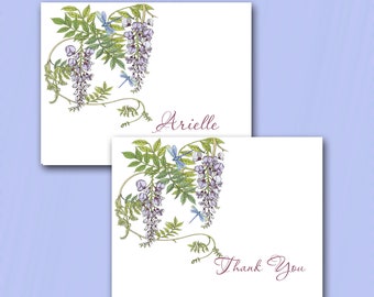 Wisteria And Dragonfly Note Cards, Personalize With Your Name Or Thank You, Flowers And Insects, Lavender & Green, Set Of Ten, Blank Inside
