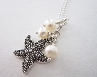 Silver Starfish Necklace: Freshwater Pearl Beach Wedding Jewelry