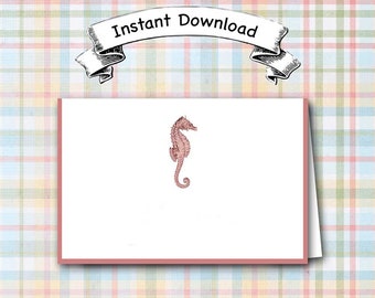 Seahorse Place Cards Dusty Pink, DIY INSTANT DOWNLOAD, You Print, Blank Seating Cards, Folded Tent Cards, Beach Wedding, Shower, Rehearsal