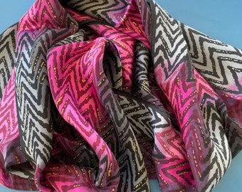 Silk Scarf. Herringbone Pattern, Magenta, Pink, Gray & Black, Rolled Hem, 10" X 42"