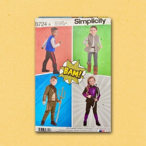 May include: Simplicity sewing pattern 8724 A for children's costumes. The pattern includes four different costumes: a purple and black superhero costume, a green and gold warrior costume, a blue and brown vest costume, and a brown vest costume. The pattern is for sizes 3-8.