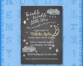 Twinkle Twinkle Little Star Baby Shower Invitation, Chalkboard Stars & Moon, Sip and See, Gender Reveal, Gender Neutral, Diaper Raffle/Favor