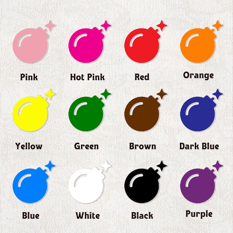 May include: A collection of colorful bomb-shaped graphics, each with a star-shaped fuse. The colors include pink, hot pink, red, orange, yellow, green, brown, dark blue, blue, white, black, and purple. Each graphic has a corresponding color name.