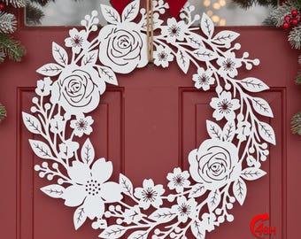 Floral Metal Winter Wreath,Outdoor Weather-Resistant Door Sign,Christmas & Winter Holiday Hanging Decor,Christmas Metal sign ,Home Drcor