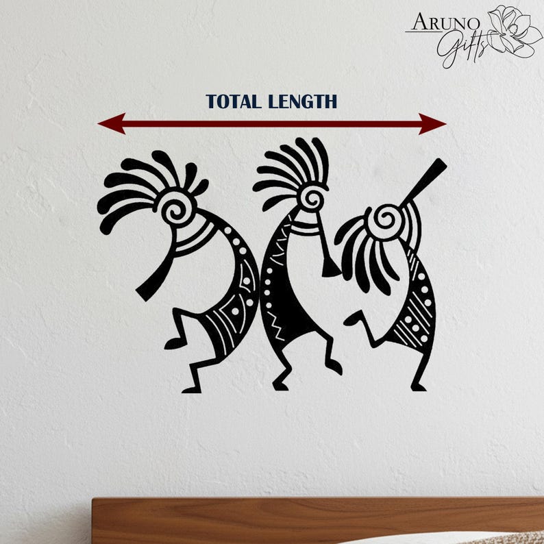 May include: Black Kokopelli wall art showing three stylized figures playing instruments. The figures have elaborate headdresses and are depicted in a dancing pose. The text "TOTAL LENGTH" is above the figures. The brand name "Aruno Gifts" is in the upper right corner.