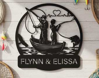 Personalized Couple Fishing Metal Wall Sign, Custom Name Fishing Silhouette Art, Couple Fishing Gift For Fisherman, Anniversary Decor