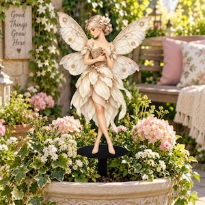 May include: A fairy garden stake featuring a figure with large moth-like wings, wearing a dress made of layered cream-colored petals, holding a small book. The figure stands on a black circular base with a stake, positioned amidst green foliage.