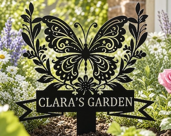 Butterfly Floral Metal Garden Stake, Custom Name Metal Yard Sign, Metal Outdoor Garden Decor, Housewarming Gift for Garden Lovers
