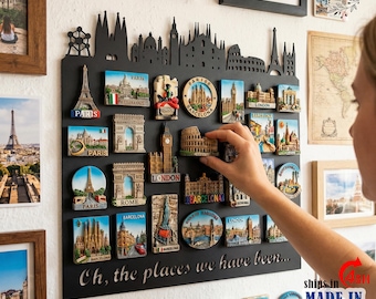 European Skyline Travel Magnet Display Board,Souvenir & Photo Organizer, Magnetic Memory Board for Travel Keepsakes, Wall Memory Decor
