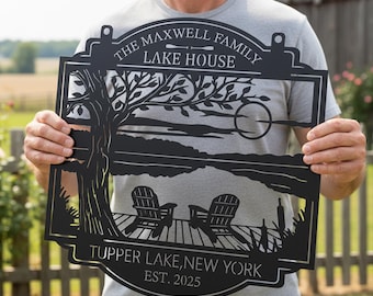 Personalized Lake House Metal Sign: Custom Outdoor Decor, Lake House Welcome Sign, Gift for family, Lake House Dock Scene, Lake  House sign