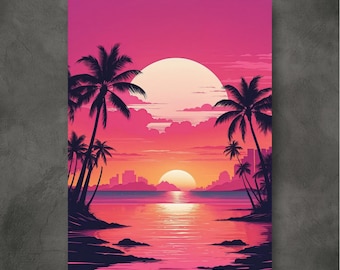 Miami Sonnenuntergang Wandkunst Poster, Strand Sonnenuntergang Poster, Miami Vice, GTA 6, Tropisches Wohndekor, Sonnenuntergang Ozean Kunst, Küsten Wanddekoration, Sommer Vibes