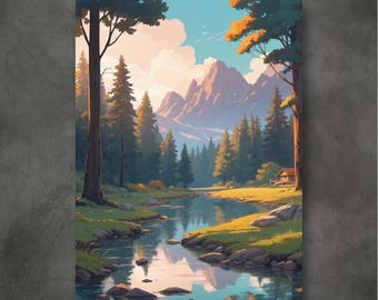 Malerisches Naturposter, Berglandschaft Wandkunst, ruhiges Wohndekor, Geschenk für Naturliebhaber, entspannende Raumdekoration