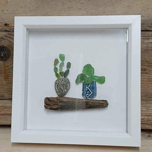 Two houseplants, sea glass art - driftwood - wall art - home decor - gift - coastal art