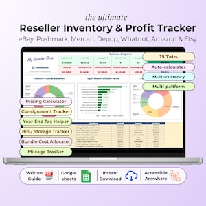 Op de afbeelding: Een digitale voorraad- en winsttracker voor wederverkopers op een laptopscherm. Het dashboard toont bedrijfsoverzichten, winstoverzichten per platform en gedetailleerde lijsten. Labels benadrukken functies zoals 15 tabbladen en automatische berekeningen.