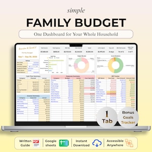 Może przedstawiać: Ekran laptopa wyświetlający prosty pulpit nawigacyjny budżetu rodzinnego z tabelami, wykresami kołowymi i podsumowaniami finansowymi. Tekst zawiera Simple Family Budget, One Dashboard for Your Whole Household, 1 Tab, Bonus Goals Tracker, Written Guide, Google Sheets, Instant Download oraz Accessible Anywhere.