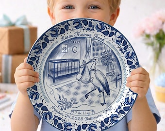 Personalized Baby Birth Stats Plate, Custom Blue White Ceramic Keepsake, Baby Name Plate, Newborn Gift, Baby Shower Decor Gift P518MIY0