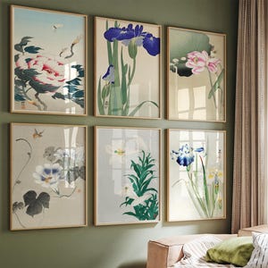 Vintage Japanese Botanical Wall Art Set Of 6, Botanical Flower Prints, Gallery Wall Art Set, Living Room Wall Decor, Aesthetic Floral Canvas