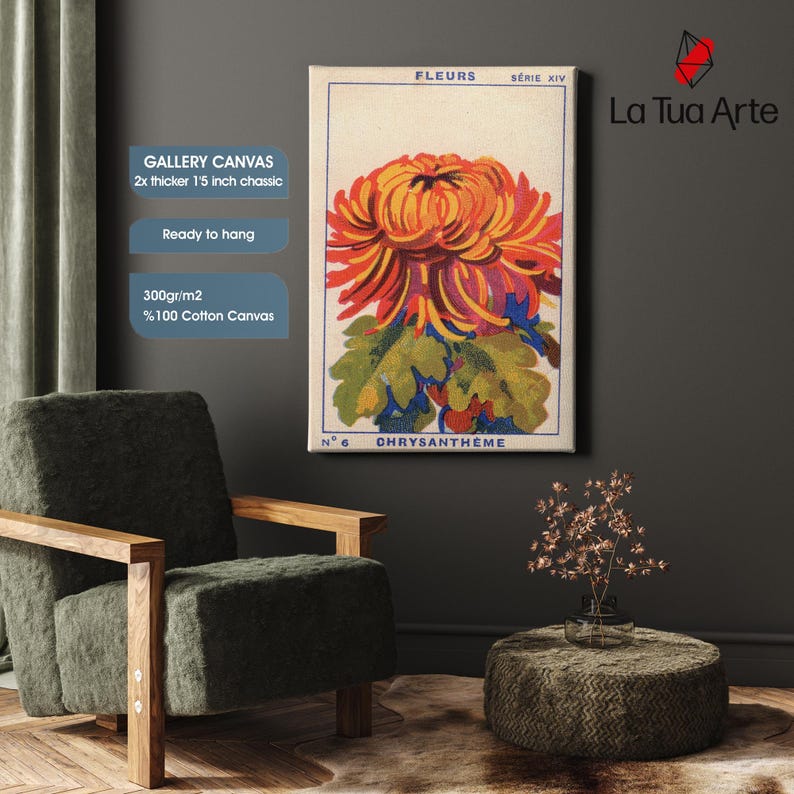 Puede incluir: Una impresi&oacute;n art&iacute;stica en lienzo enmarcada que presenta una vibrante ilustraci&oacute;n de una flor de crisantemo. La obra de arte, etiquetada como "FLEURS" y "CHRYSANTHEME", est&aacute; lista para colgar y est&aacute; hecha con lienzo 100% algod&oacute;n. El lienzo tiene 3,8 cm de grosor.