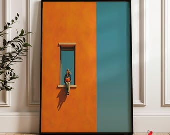 Minimalist Reading Wall Art: Modern Orange Blue Poster, Contemporary Window Art Print