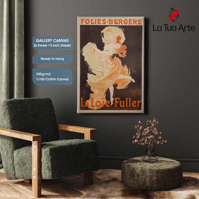 May include: A framed canvas print of a vintage advertisement for Folies-Berg&egrave;re. It features an illustration of a dancer in a flowing gown. The canvas is labeled "Gallery Canvas" and "Ready to hang."
