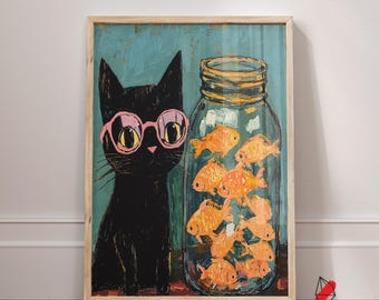 Matisse Cat Goldfish Art Print: Funny Black Cat Poster