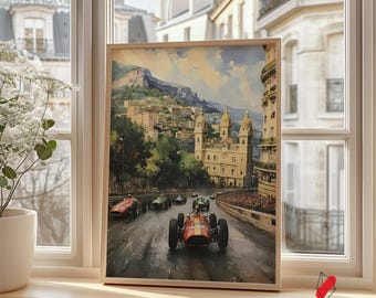 May include: A vintage-style painting of a red race car speeding through a city street. The car is surrounded by other cars and spectators. The painting is set against a backdrop of a cityscape with mountains in the distance.