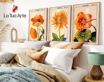 Vintage Botanical Wall Art Set, Retro Flower Prints, Orange Floral Canvas Set of 3