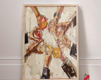 Peut inclure: Une impression d'art encadrée représentant un groupe de mains levées pour un toast, tenant chacune un verre rempli de liquide ambré et orange. L'illustration présente des coups de pinceau visibles, des manches de costume sombres et des montres.